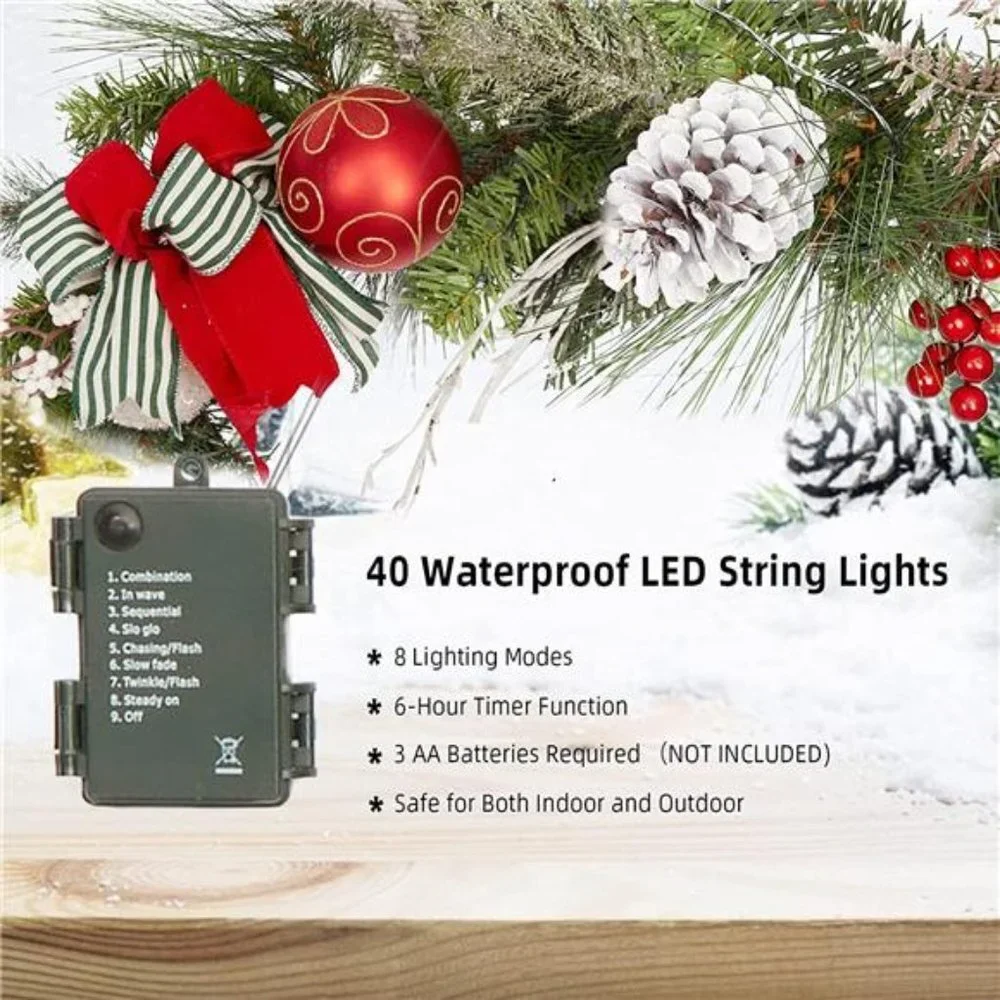 9ft Prelit Christmas Garland with 40 Light for Front Door, w/ Bow Christmas Ball